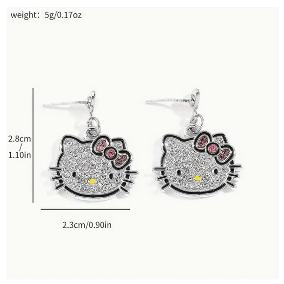 Hello Kitty Crystal Stud Dangle Earrings Silver Tone - Picture 2 of 3